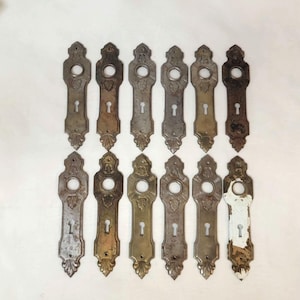 May include: Set of 14 antique brass door plates with ornate designs and keyholes. The plates are in various shades of brass and have a worn, vintage look.