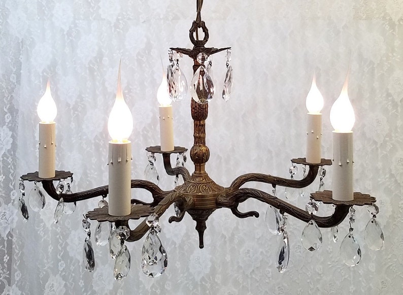 Five Light Brass Crystal Chandelier Small Spanish Chandelier Low Ceiling Chandelier Five Arm Ornate Brass Light Dd 1597