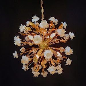 Italian Sputnik Chandelier With Gold Gilded Leaves and Opalescent Gold Murano Flowers