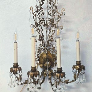 Large Handcrafted Italian Gold Gilt Four Light Wall Sconce Dripping with Raindrop Crystals 19&quot; W x 26&quot; H