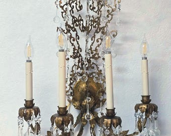 Large Italian Gold Gilt Crystal Wall Sconce, Handcrafted Four-Light Fixture