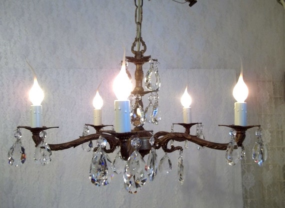 Ornate Brass Five Arm Crystal Chandelier Light Spanish Image 0
