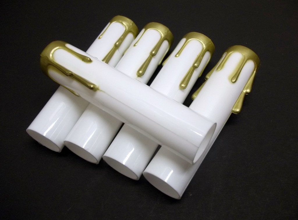 Five Chandelier Candle Covers White Plastic With Gold Drips Etsy