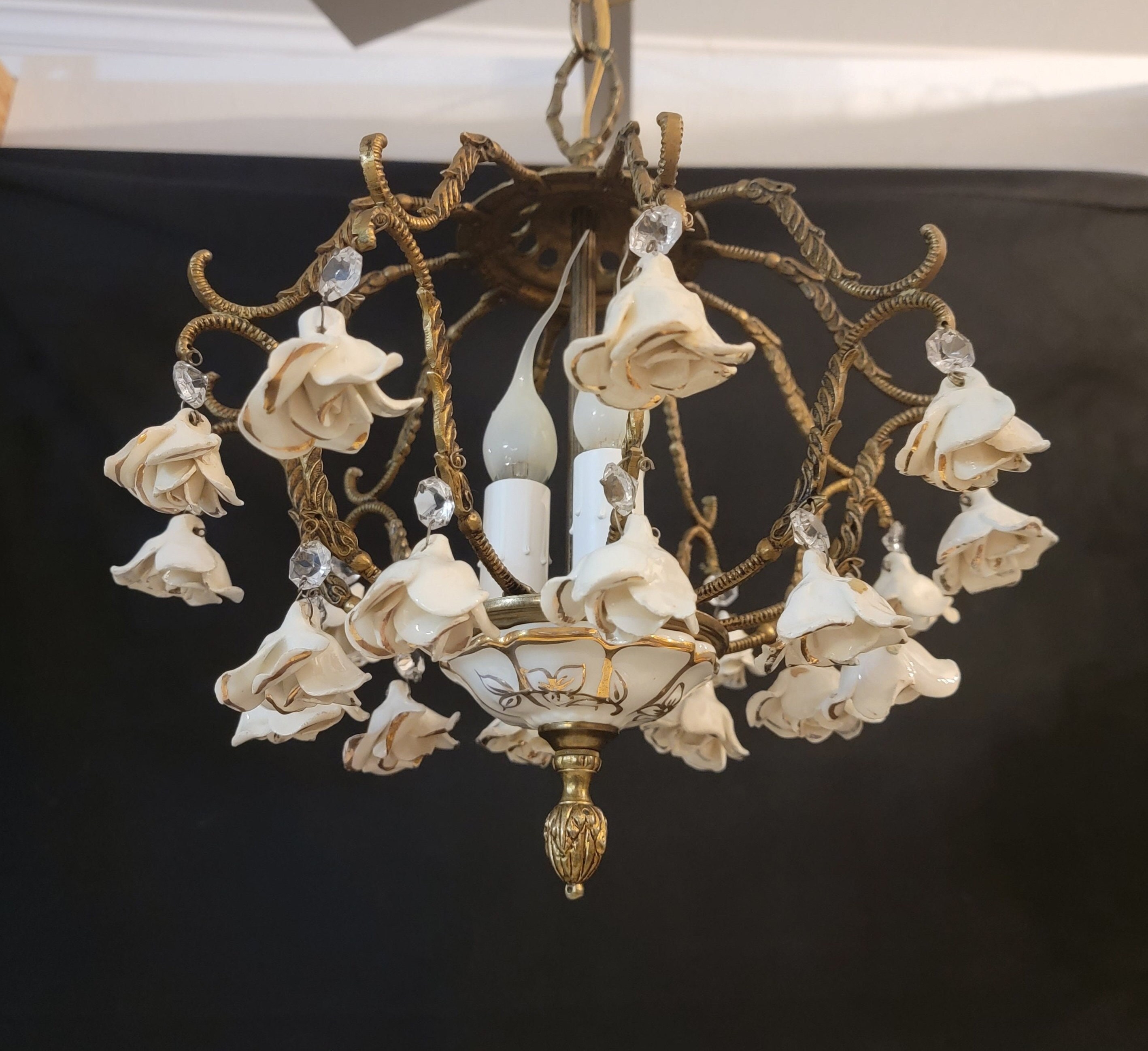 Petite Basket Shaped Capodimonte Chandelier With Twenty White