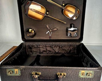 Vintage Leather Travel Suitcase With Vanity Items and Key