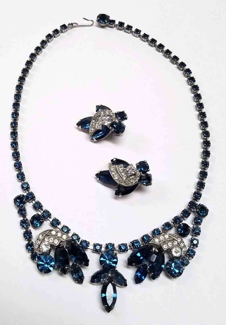 Weiss Blue Rhinestone Necklace and Earring Set Designer Blue Bridal Set DD 1609