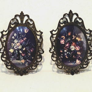 Pair Oval Brass Framed Convex Glass Floral Prints, Made in Italy