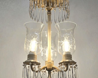 Colonial Style 3 Light Pink Toleware Crystal Chandelier