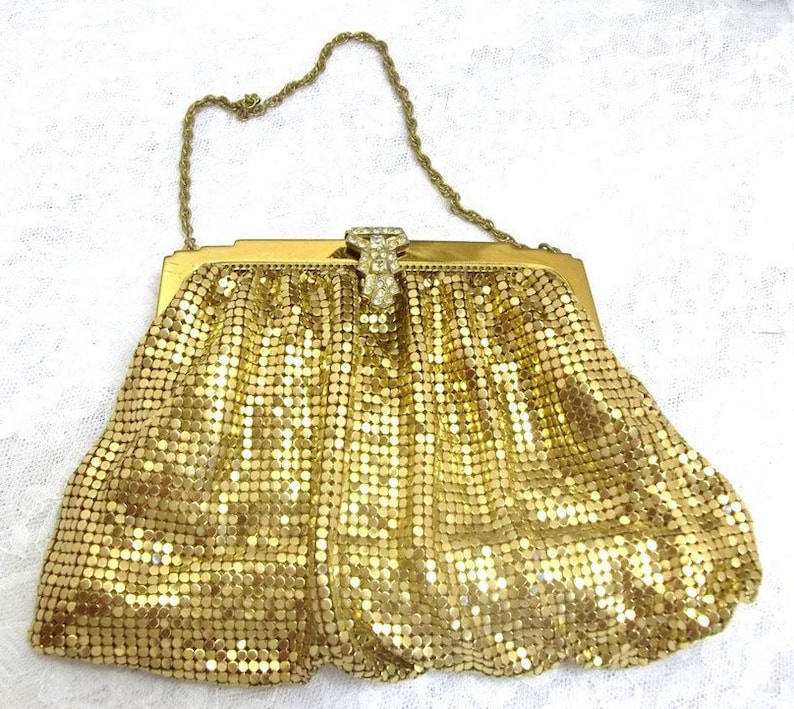 Whiting and Davis Gold Metal Mesh Purse With Rhinestone Clasp Etsy