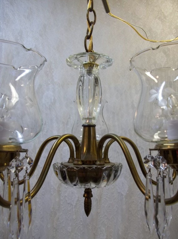Colonial Brass Crystal Chandelier Etched Glass Shades Period Etsy