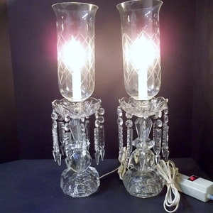 Crystal Mantle Lamp Pair Large Heavy Crystal Buffet Lamps Hand Cut Crystal Spears Crystal Boudoir Lamp Set Etched Hurricane Shades  DD 836