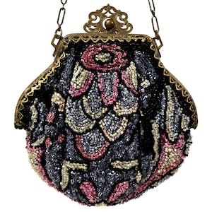 1900s Glass Bead Ornate Metal Filigree Frame Purse Made in Belgium