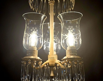 Small Three Light French Toleware Crystal Chandelier With Glass Hurricane Shades