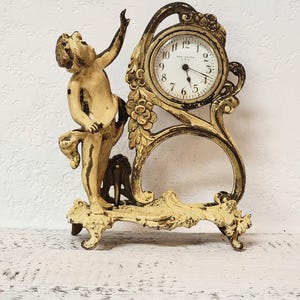 Figural Cherub New Haven Mantle Clock, French White Over Nouveau Bronze, Not Working