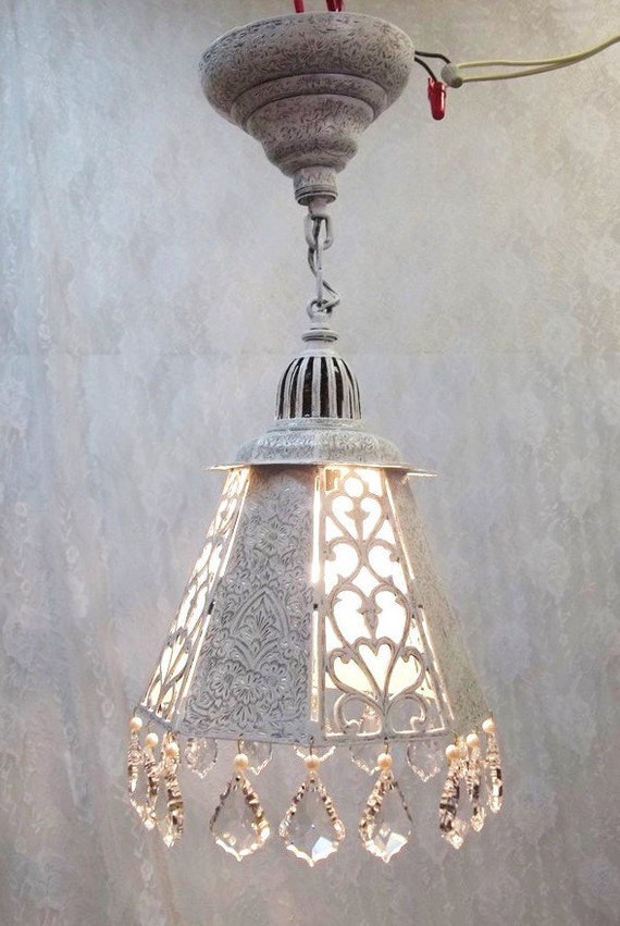 Vintage White Crystal Pendant Light Gold Etchings