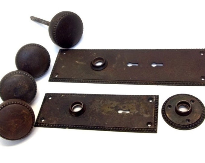 Yale and Towne Hardware Lot 7 Piece Matching Set Steel Door Plates Door Knobs Rosette Antique