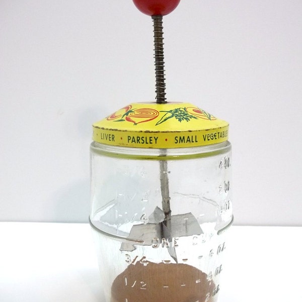 Mid Century Kitchen Chopper Red Yellow Retro Glass Jar Measuring Cup 1950s Kitchen Decor DD 469