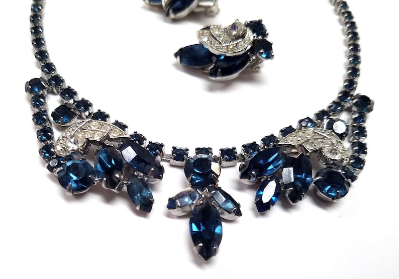 Weiss Blue Rhinestone Necklace and Earring Set Designer Blue Bridal Set DD 1609
