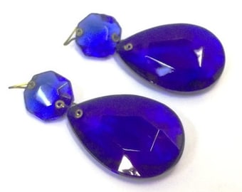 Two 1 1/2" New Old Stock Vintage Cobalt Blue Chandelier Crystal Teardrops