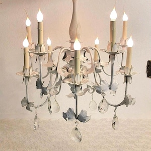 Huge Shabby Chic Two Tier Ten Light White Tole Chandelier With 3&quot; Diamond Cut Italian Crystals 26&quot; W X 24&quot; H Rewired