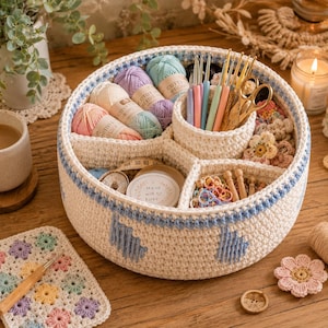 May include: A round, off-white crochet basket with blue accents, filled with yarn, crochet hooks, scissors, and other craft supplies. The basket has multiple compartments and is decorated with a blue geometric pattern. The image also includes a crochet coaster and a lit candle.