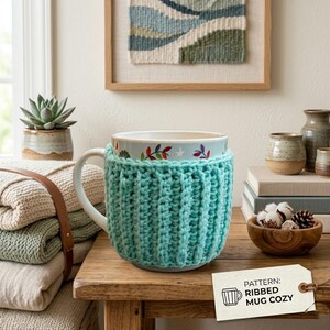 May include: A white mug with a floral design is wrapped in a turquoise ribbed crochet cozy. The cozy is on a wooden table, with a tag that reads "PATTERN: RIBBED MUG COZY". Other items include a succulent, folded blankets, and decorative vases.
