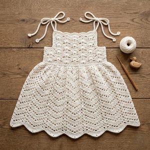 May include: A cream-colored, handmade crochet dress with scalloped edges and tie straps. The dress features a detailed openwork pattern. A ball of yarn, a crochet hook, and a wooden duck are next to the dress on a wooden surface.