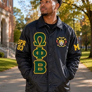 Omega Phi Beta | Custom Greek Nylon Jacket | Greek Letter Jacket | Fraternity Sorority Apparel | Greek Life Varsity Style Jacket