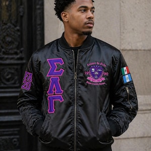 Sigma Lambda Gamma Custom Greek Letter Satin Bomber Jacket | Fraternity & Sorority Embroidered Jacket | Personalized Greek Crossing  Apparel
