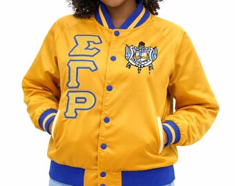 Sigma Gamma Rho Bomberjacke aus Satin mit individueller Stickerei, personalisierte Jacke mit Buchstaben der Studentenverbindung | Collegejacke für griechische Studentenverbindungen