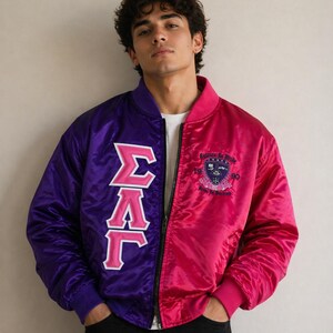 Sigma Lambda Gamma Custom Greek Letter Satin Bomber Jacket, Personalized Fraternity & Sorority Jacket, Embroidered Line Crossing Jacket