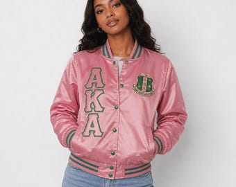 Alpha Kappa Alpha Bomberjacke aus Satin, personalisierbar mit bestickten griechischen Buchstaben, Collegejacke für Damen