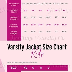A comprehensive size chart for varsity jackets, featuring three distinct tables for different categories with measurements in inches. The graphic includes a line drawing of a jacket with labels for sleeve length, jacket length, and chest.