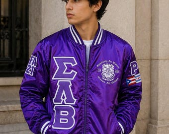 Sigma Lambda Beta Satinjacke mit individuellen griechischen Buchstaben | Bestickte Bomberjacke für Studentenverbindungen | Personalisierte griechische Bekleidung