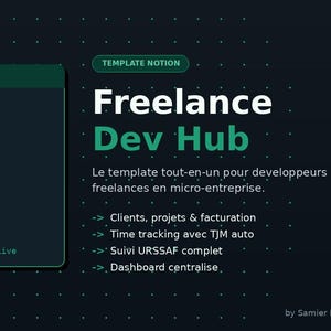 May include: A dark teal graphic with the text "Freelance Dev Hub" in white and green. The image includes a code snippet and bullet points describing features like client and project management. The website address freelance.sh is also visible.
