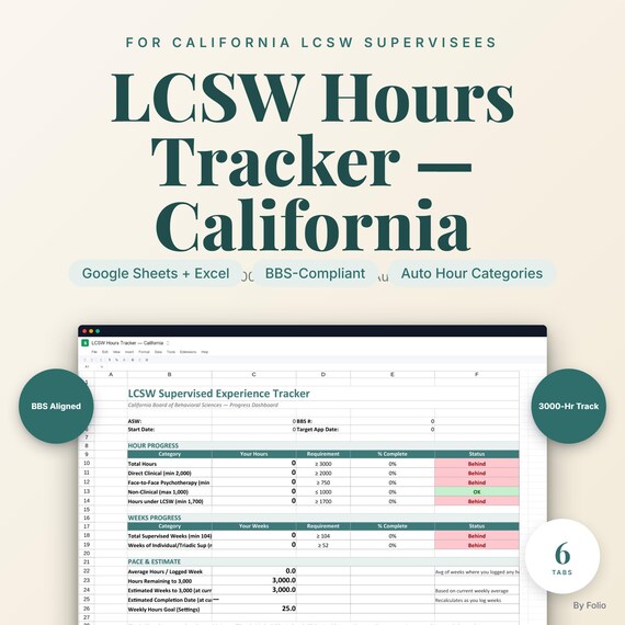 LCSW Supervision Tracker California | BBS Hours Log Spreadsheet (Excel + Google Sheets)