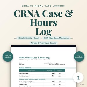CRNA Clinical Case & Hours Log | Nurse Anesthesia SRNA Rotation Tracker | Excel Google Sheets