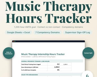 Music Therapy Internship Hours Tracker | MT-BC Candidate Clinical Log | Excel Google Sheets