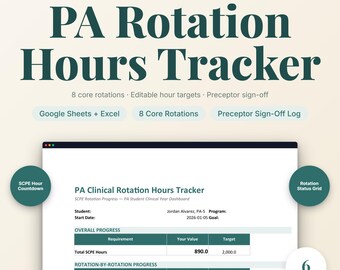 PA Clinical Rotation Hours Tracker | Physician Assistant Student SCPE Log | Excel + Google Sheets