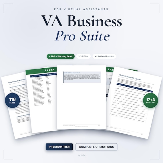 Virtual Assistant Pro Business Suite | 116 Pages, 17 PDFs + 3 Excel | Contract, NDA, Time Tracker, Pricing Calculator
