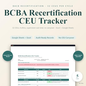 Könnte beinhalten: Eine digitale BCBA-Rezertifizierungs-CEU-Tracker-Tabelle für Excel und Google Sheets. Die Benutzeroberfläche zeigt eine Checkliste für Anforderungen, Statusanzeigen sowie Felder zur Nachverfolgung von Ethik- und Supervisions-Credits.
