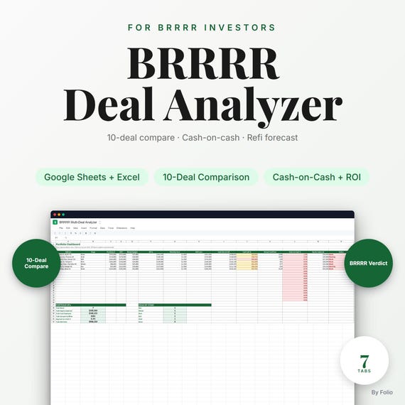 BRRRR Calculator Spreadsheet | Multi-Deal Analyzer | Real Estate Investor Tracker | Excel Google Sheets