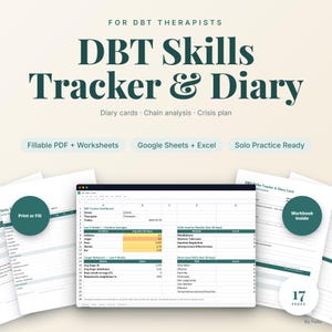 Puede incluir: Un rastreador y diario de habilidades DBT para terapeutas. La imagen muestra una hoja de cálculo digital y varias hojas de trabajo. El texto incluye "PDF rellenable + hojas de trabajo", "Google Sheets + Excel" y "Solo Practice Ready". El cuaderno tiene 17 páginas.