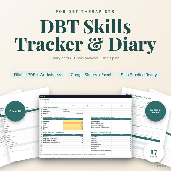DBT Skills Tracker & Diary Card | Therapist Worksheets, Diary Cards, Excel + Sheets