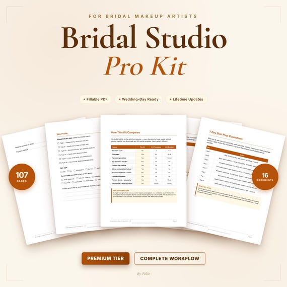 Bridal Makeup Artist Pro Studio Kit | 107 Pages, 16 Documents | Wedding MUA Contracts, Intake, Pricing, Timeline (Editable PDF)