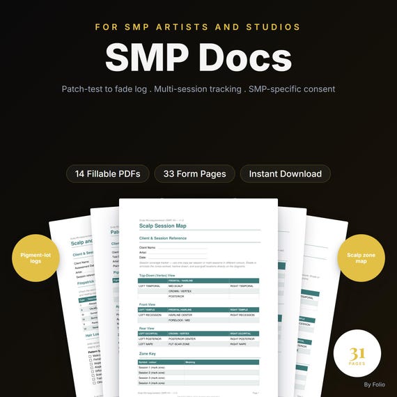 SMP Client Forms Kit | Scalp Micropigmentation Session Notes | Fillable PDF Documentation for SMP Artists