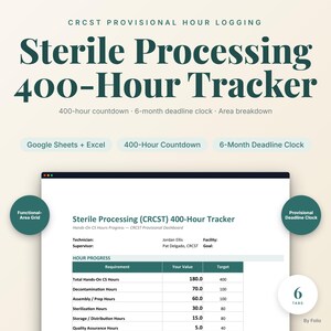 Peut inclure: Un tableur numérique de suivi des 400 heures de traitement stérile pour Google Sheets et Excel. L'interface affiche un tableau de bord avec le nom du technicien, le superviseur, l'établissement et un tableau de suivi des heures par secteur.