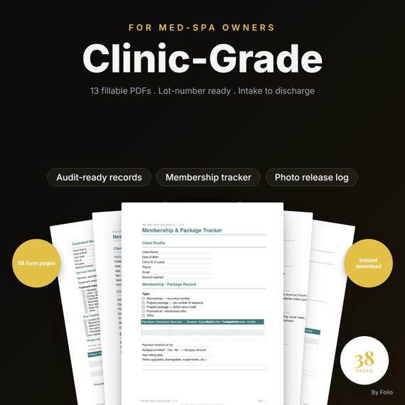 Med Spa Owner Documentation Kit | Fillable PDF Client Intake Treatment Records Consent Forms | Medical Spa Templates