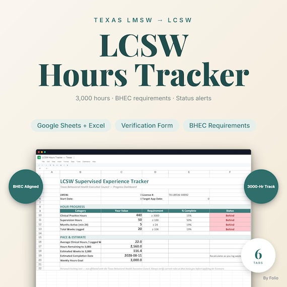 LCSW Hours Tracker Texas | LMSW Supervision Log Spreadsheet (Excel/Google Sheets)