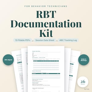 Op de afbeelding: Een RBT-documentatiekit voor gedragstechnici met 26 pagina's aan printbare formulieren. Bevat 13 invulbare pdf's, een sessiegegevensblad en een ABC-trackinglogboek. De documenten zijn ABA-gealigneerd en dekken het proces van intake tot ontslag.